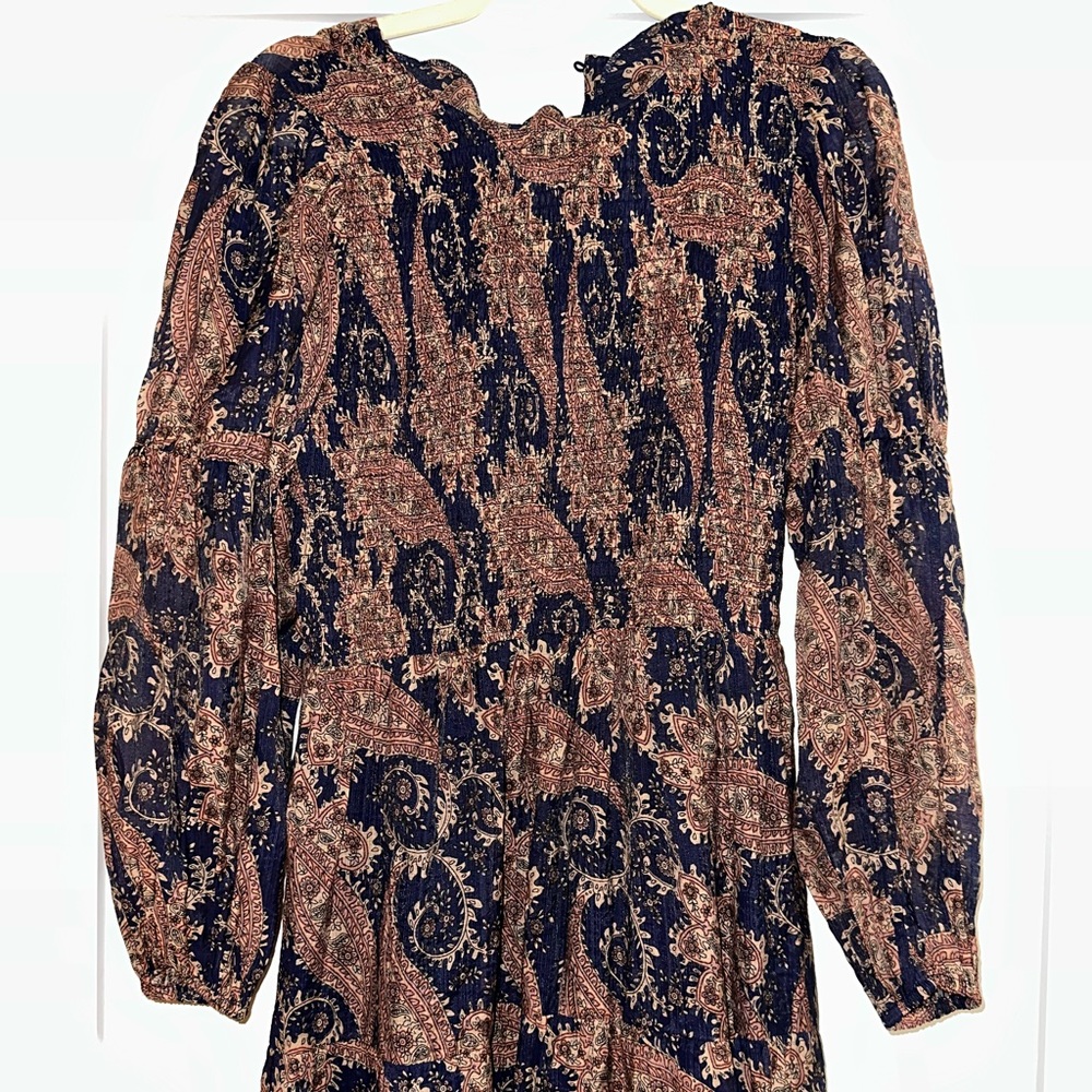 Aqua Navy and Brown Paisley Long Sleeve Midi Dress - Picture 3 of 7